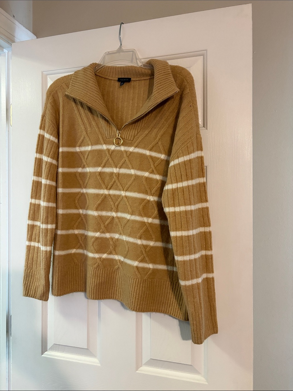 Talbots Camel and White Striped Quarter-Zip Sweater